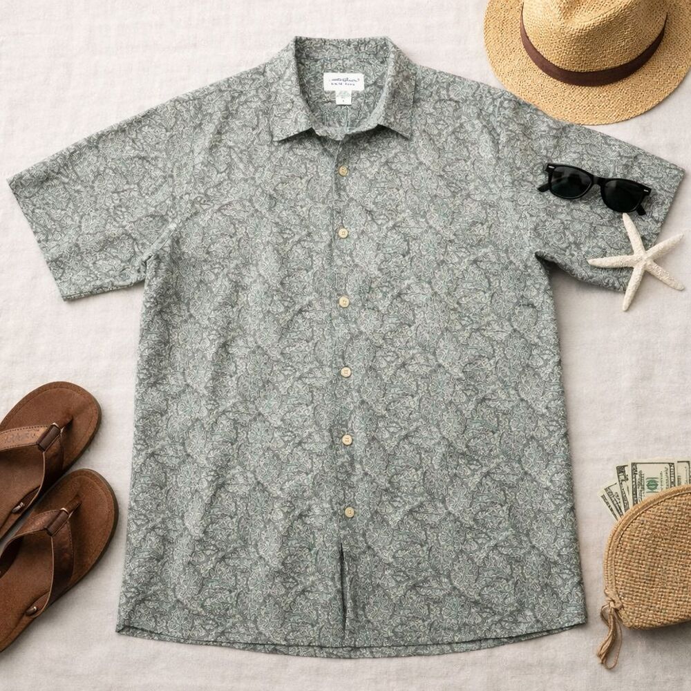 Classic Eddie Bauer Shirt Men’s L Linen Blend Hawaiian Tropical Coastal Beach